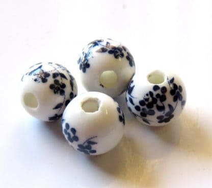 10mm white navy blue oriental flower porcelain bead