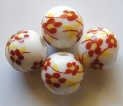 10mm white russet yellow oriental flower porcelain bead