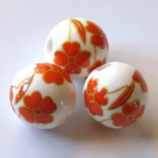 12mm Round Porcelain/Ceramic Beads - White / Bright Orange & Gold Flowers