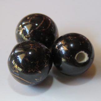 12mm Round Porcelain/Ceramic Beads - Midnight Black / Gold Brushwork