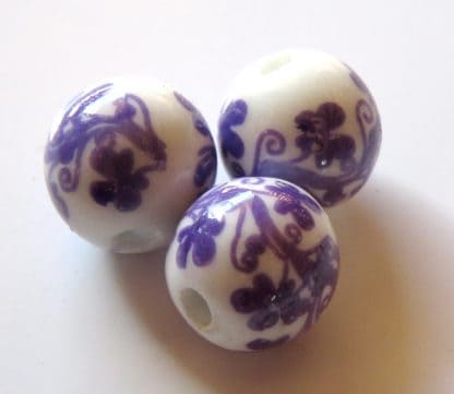 12mm Round Porcelain/Ceramic Beads - White / Purple Climbing Vine