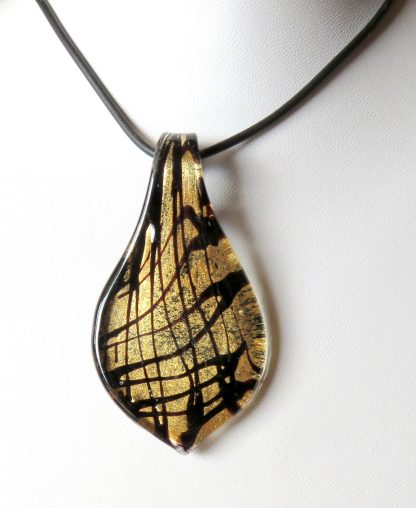 64mm Gold Foil Teardrop Lampwork Glass Pendant - Black / Gold