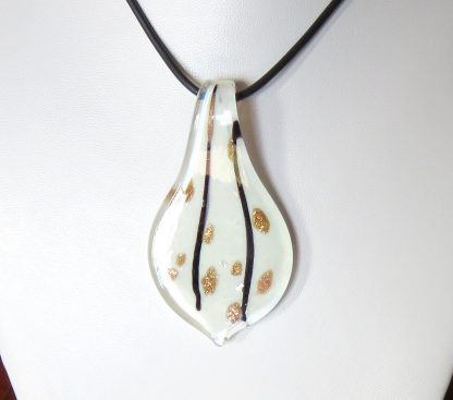 64mm Teardrop Lampwork Glass Pendant - White with Black Lines and Goldsand
