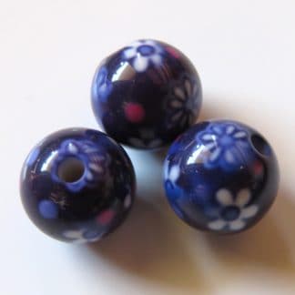 12mm Round Porcelain/Ceramic Beads - Dark Blue with Daisies