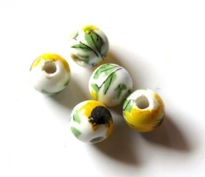 6mm porcelain ceramic beads white yellow sunflowers