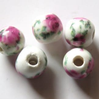 6mm porcelain ceramic beads white dk pink roses