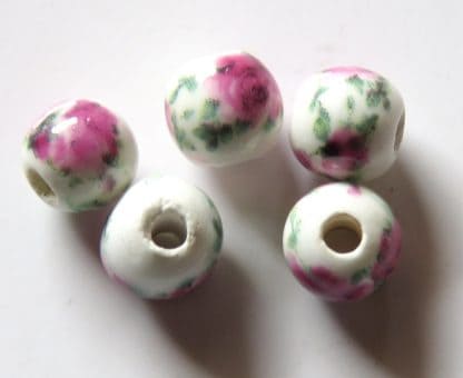 6mm porcelain ceramic beads white dk pink roses