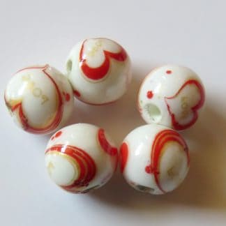 8mm Round White Porcelain / Ceramic Beads - Red & Yellow Hearts