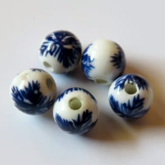 8mm Round White Porcelain / Ceramic Beads - Cobalt Blue Fern Leaves