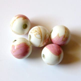 8mm Round White Porcelain / Ceramic Beads - Pink Tulip