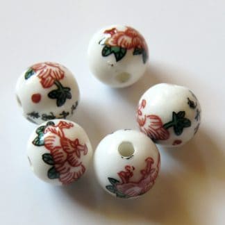 8mm Round White Porcelain / Ceramic Beads - Russet Red & Chinese Couplet