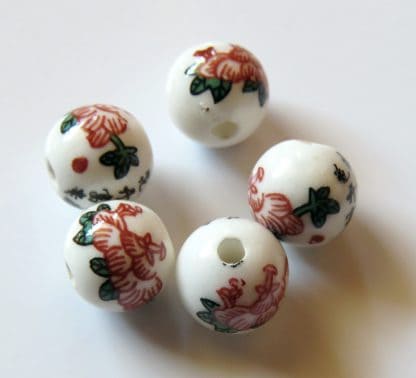 8mm Round White Porcelain / Ceramic Beads - Russet Red & Chinese Couplet