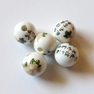 8mm Round White Porcelain / Ceramic Beads - Yellow & Chinese Couplet