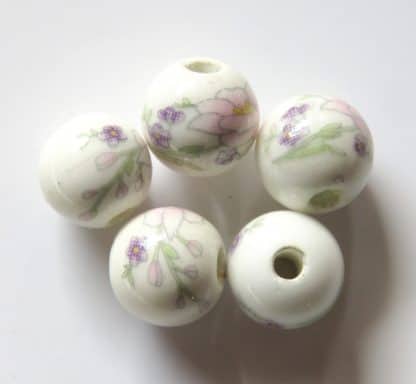 8mm Round White Porcelain/Ceramic Beads - Pink Peony Flower