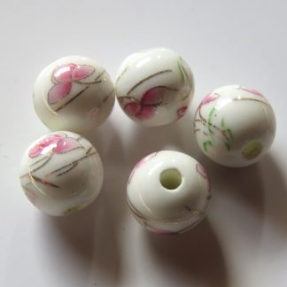 8mm Round White Porcelain / Ceramic Beads - Pink Flowers & Dark Gold Lines