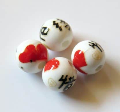 10mm Round White Porcelain / Ceramic Beads - Red Hearts