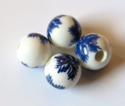 10mm Round White Porcelain / Ceramic Beads - Cobalt Blue Fern Leaves