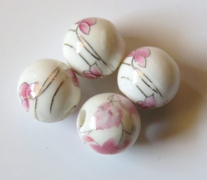 10mm Round White Porcelain / Ceramic Beads - Pink Flowers & Dark Gold Lines
