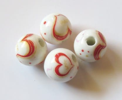 10mm Round White Porcelain / Ceramic Beads - Red & Yellow Hearts