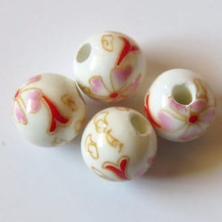 10mm Round White Porcelain / Ceramic Beads - Pink Flower with Red Ribbon