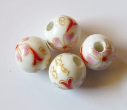 10mm Round White Porcelain / Ceramic Beads - Pink Flower with Red Ribbon