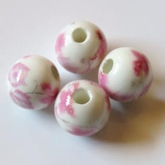10mm Round White Porcelain / Ceramic Beads - Small Pink Flowers