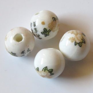 10mm Round White Porcelain / Ceramic Beads - Yellow & Chinese Couplet