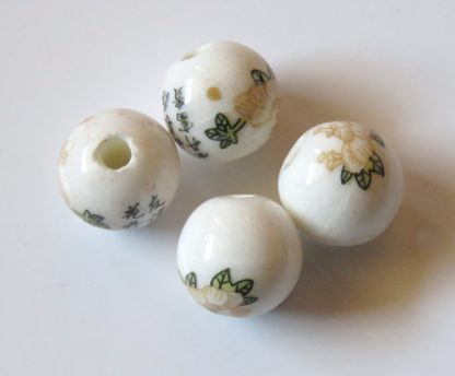 10mm Round White Porcelain / Ceramic Beads - Yellow & Chinese Couplet