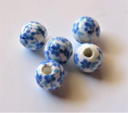 6mm Round Porcelain/Ceramic Beads - White / Blue Oriental Flowers