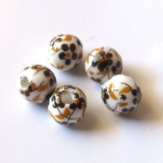 6mm Round Porcelain/Ceramic Beads - White / Brown Oriental Flowers