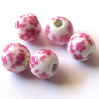 6mm Round Porcelain/Ceramic Beads - White / Pink Oriental Flowers