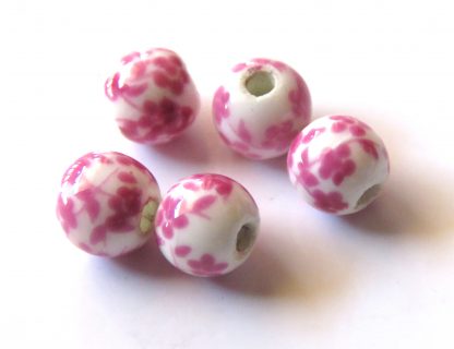 6mm Round Porcelain/Ceramic Beads - White / Pink Oriental Flowers