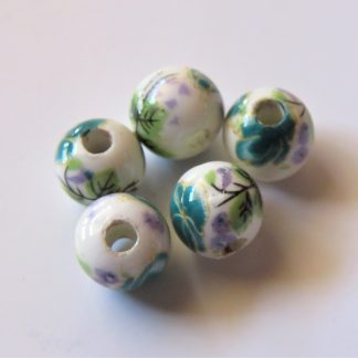 6mm Round Porcelain/Ceramic Beads - White / Dark Teal Flowers