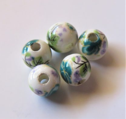 6mm Round Porcelain/Ceramic Beads - White / Dark Teal Flowers