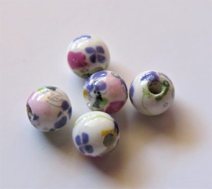6mm Round Porcelain/Ceramic Beads - White / Coloured Flower Bed
