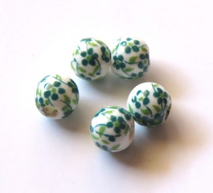 6mm Round Porcelain/Ceramic Beads - White / Green Oriental Flowers