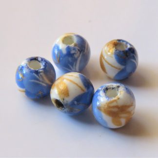 6mm Round Porcelain/Ceramic Beads - White / Medium Blue Rose