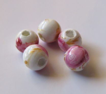 6mm Round Porcelain/Ceramic Beads - White / Medium Pink Rose
