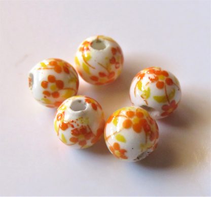 6mm Round Porcelain/Ceramic Beads - White / Orange Oriental Flowers