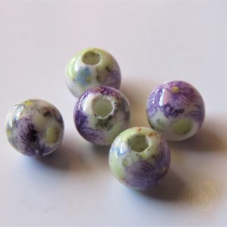 6mm Round Porcelain/Ceramic Beads - White / Pale Purple Peony Flowers