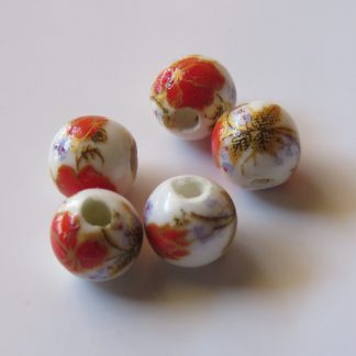 6mm Round Porcelain/Ceramic Beads - White / Bright Red Flowers