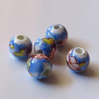 6mm Round Porcelain/Ceramic Beads - White / Pink Flowers on Sky Blue