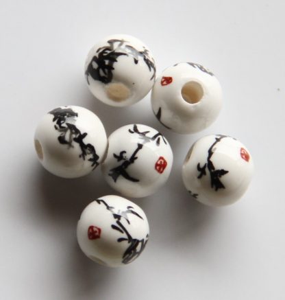 6mm Round Porcelain/Ceramic Beads - White / Black Briar