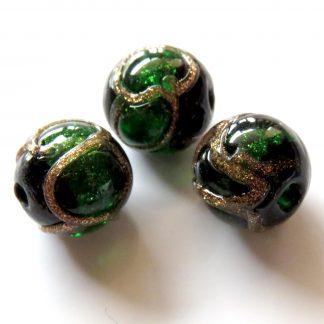 12mm Round Lampwork Glass Beads Dark Green with Goldsand