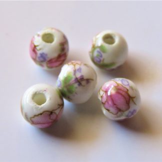 6mm Round Porcelain/Ceramic Beads - White / Pale Pink Flowers