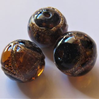 12mm Round Lampwork Glass Beads - Amber with Goldsand