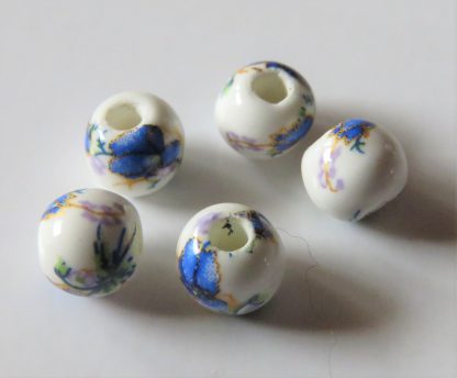 6mm Round Porcelain/Ceramic Beads - White / Blue Flowers