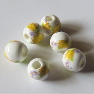 6mm Round Porcelain/Ceramic Beads - White / Yellow Flowers