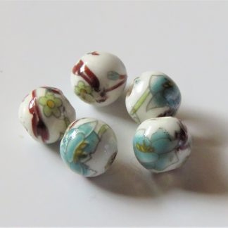 6mm Round Porcelain/Ceramic Beads - White / Turquoise Flowers