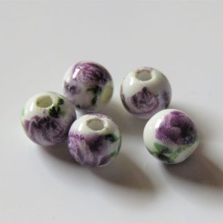 6mm Round Porcelain/Ceramic Beads - White / Amethyst Roses
